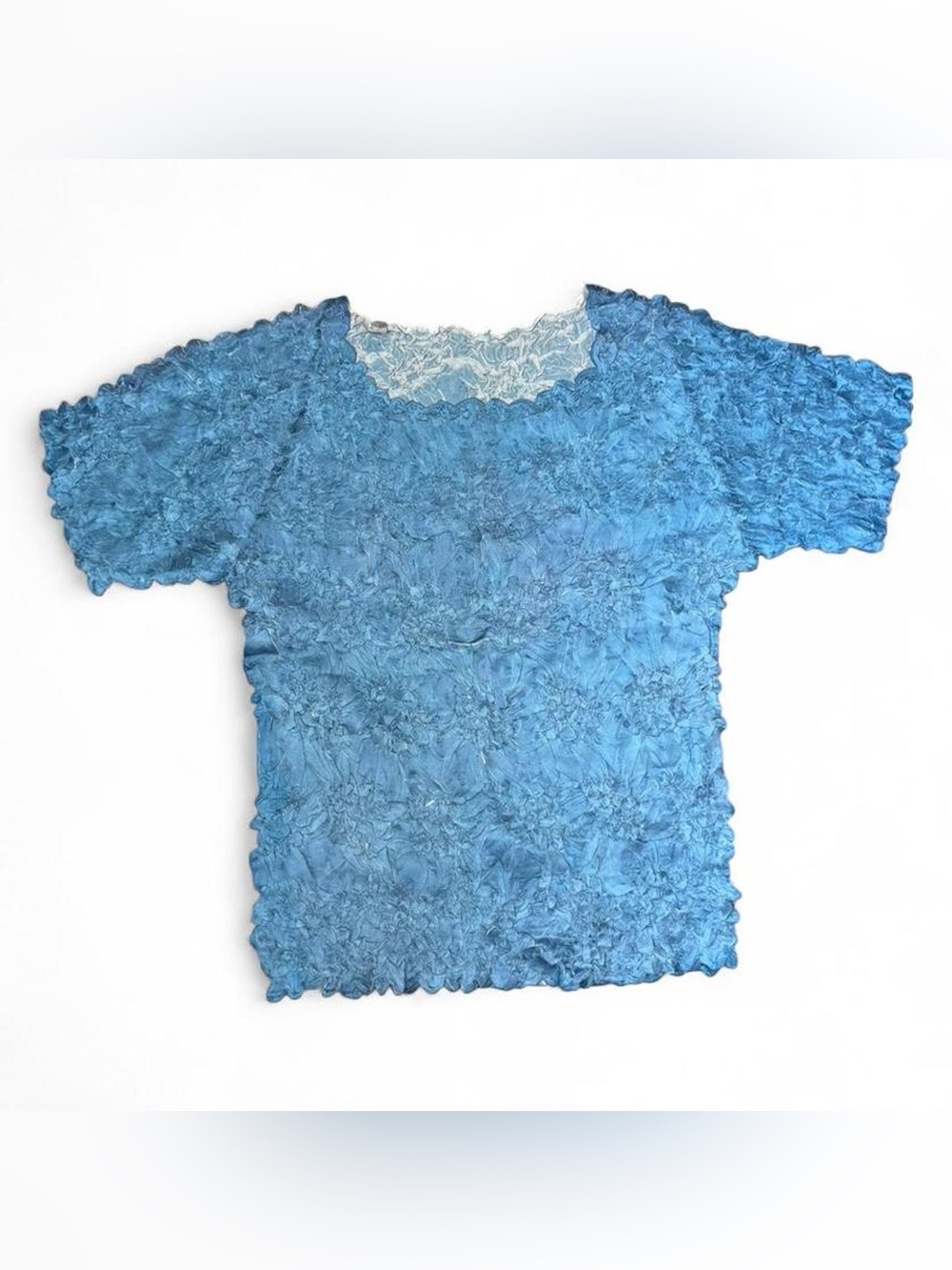 Y2K Blue Origami Crinkle Shirt with Ruffle Hem